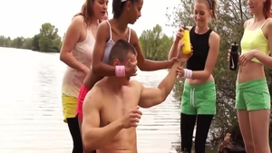 Super sexy & busty couple CFNM group sex outdoors