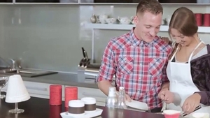 Large tits chick raw FFM in the kitchen